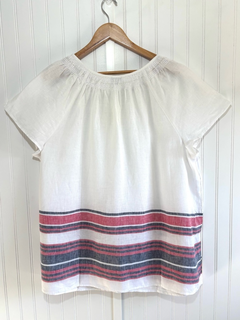 Talbots Linen Border Stripe Top Red White & Blue Smocked Neck Short Sleeve 2X - Picture 6 of 13